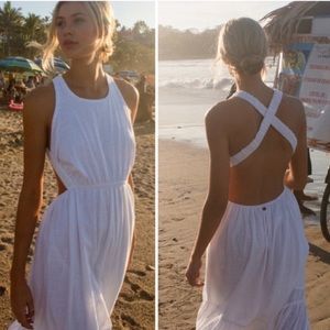 New Billabong Shore Thing Maxi Dress White Gauzy Cotton Cut Out Open Back XS